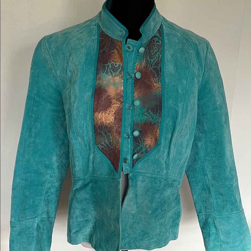 Sharif Studio Turquoise Suede Jacket with Metallic Print Detail - Size L
